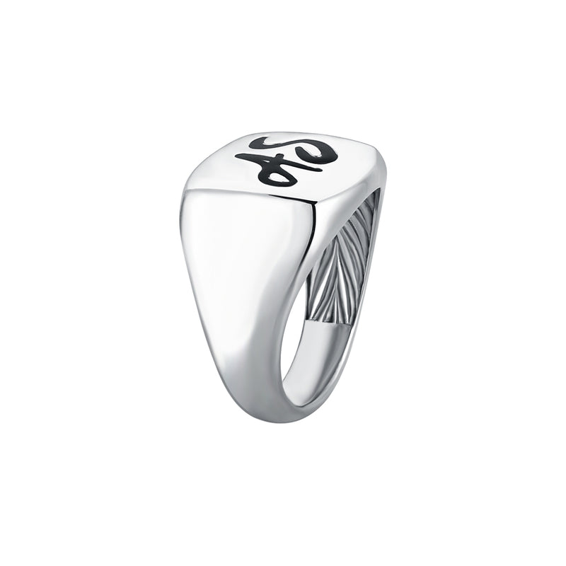 Men's 925 Solid Silver Customizable Cushion Ring with Black Lacquer Finished Initials