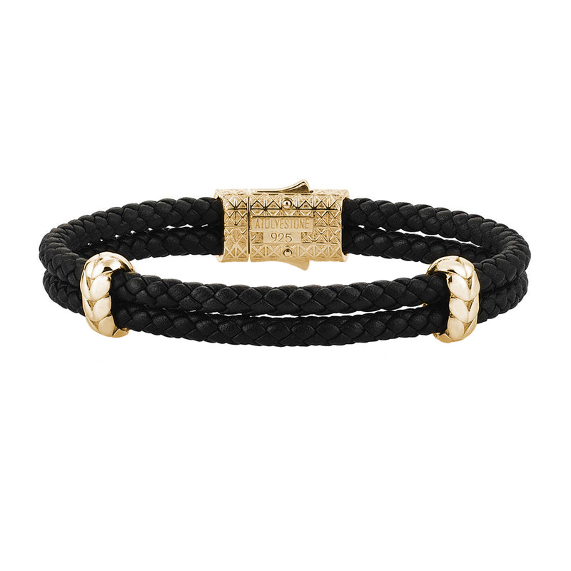 Gold Plating Leather Bracelet with Black Leather 925-Silver