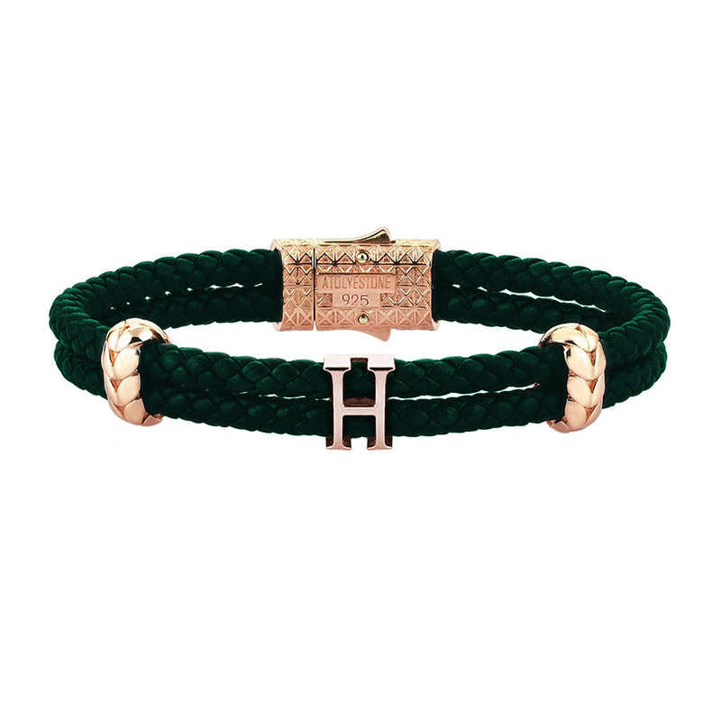 Women’s Personalised Leather Bracelet - Rose Gold - Dark Green Leather