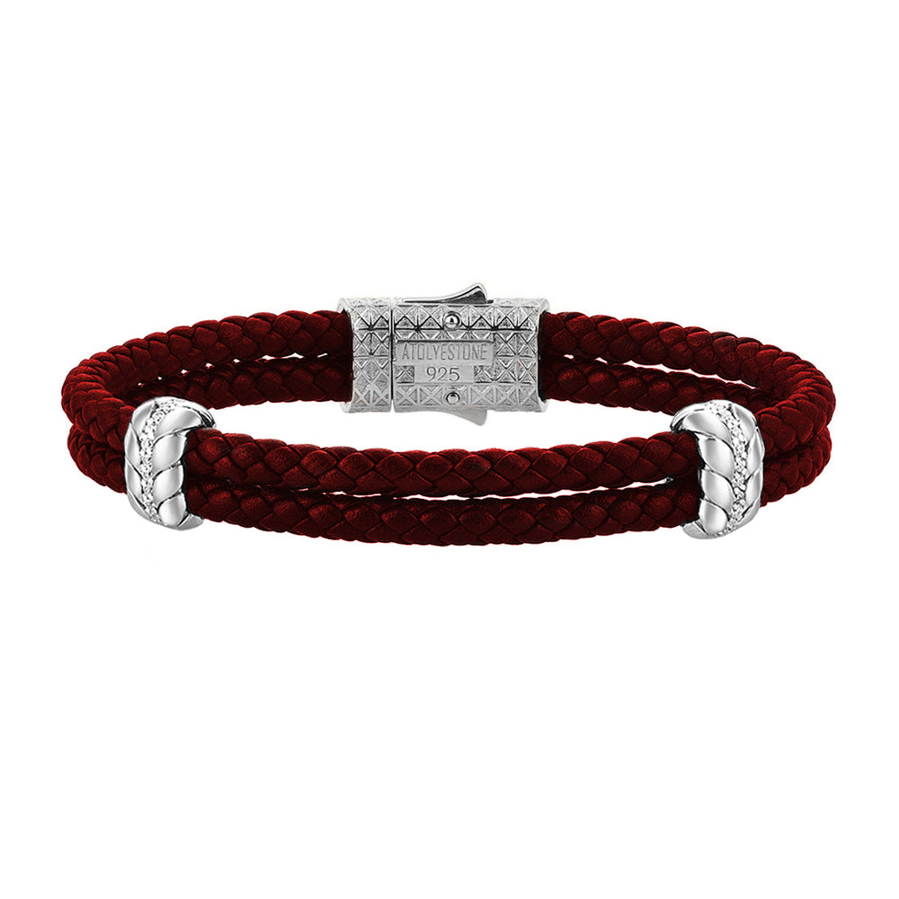 Men's Leather Bracelet Paved with White Diamonds - Atolyestone