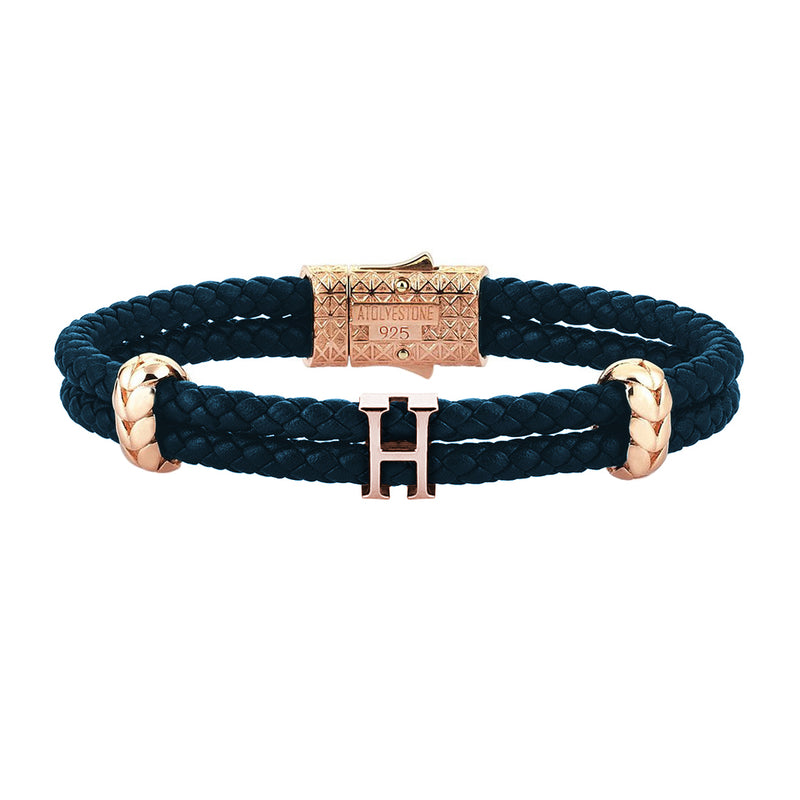 Women’s Personalised Leather Bracelet - Rose Gold - Navy