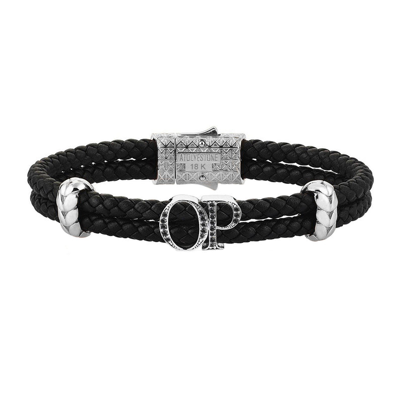 Atolyestone Statements - Solid White Gold - Black Leather - Cubic Zirconia