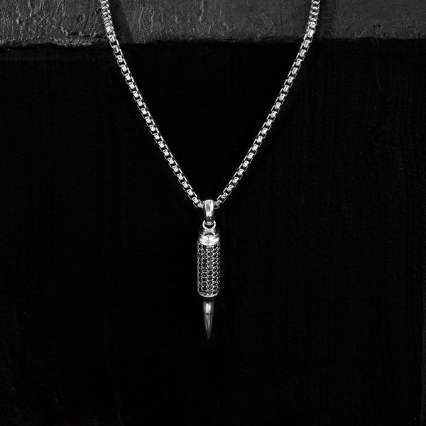 Men's Real White Gold Bullet Pendant Paved with Black Stones
