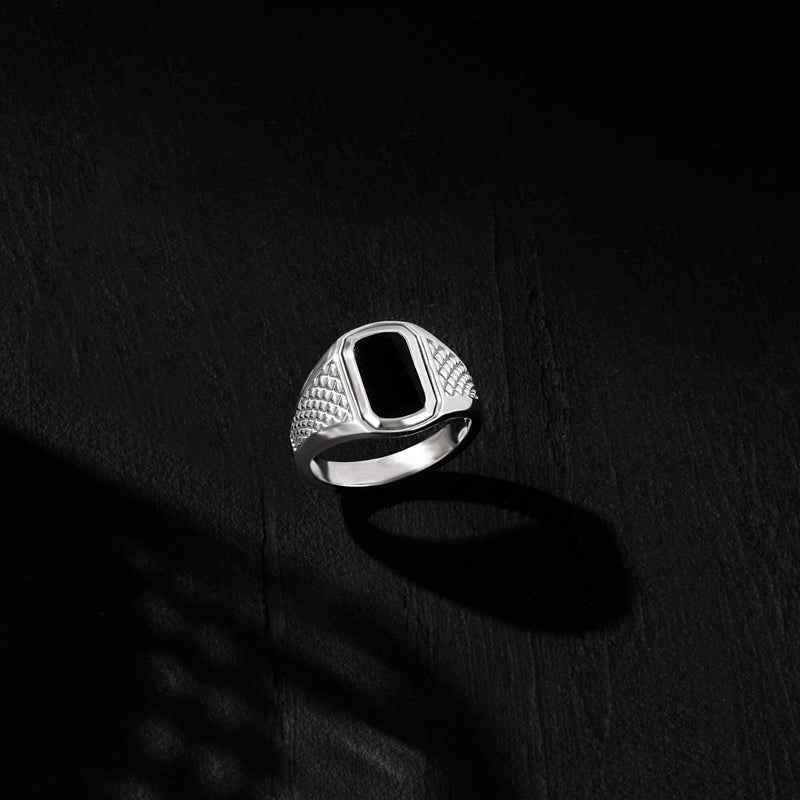 Men's Pinky Signet Ring with Black Lacquer Finished Pyramid Design in Real White Gold