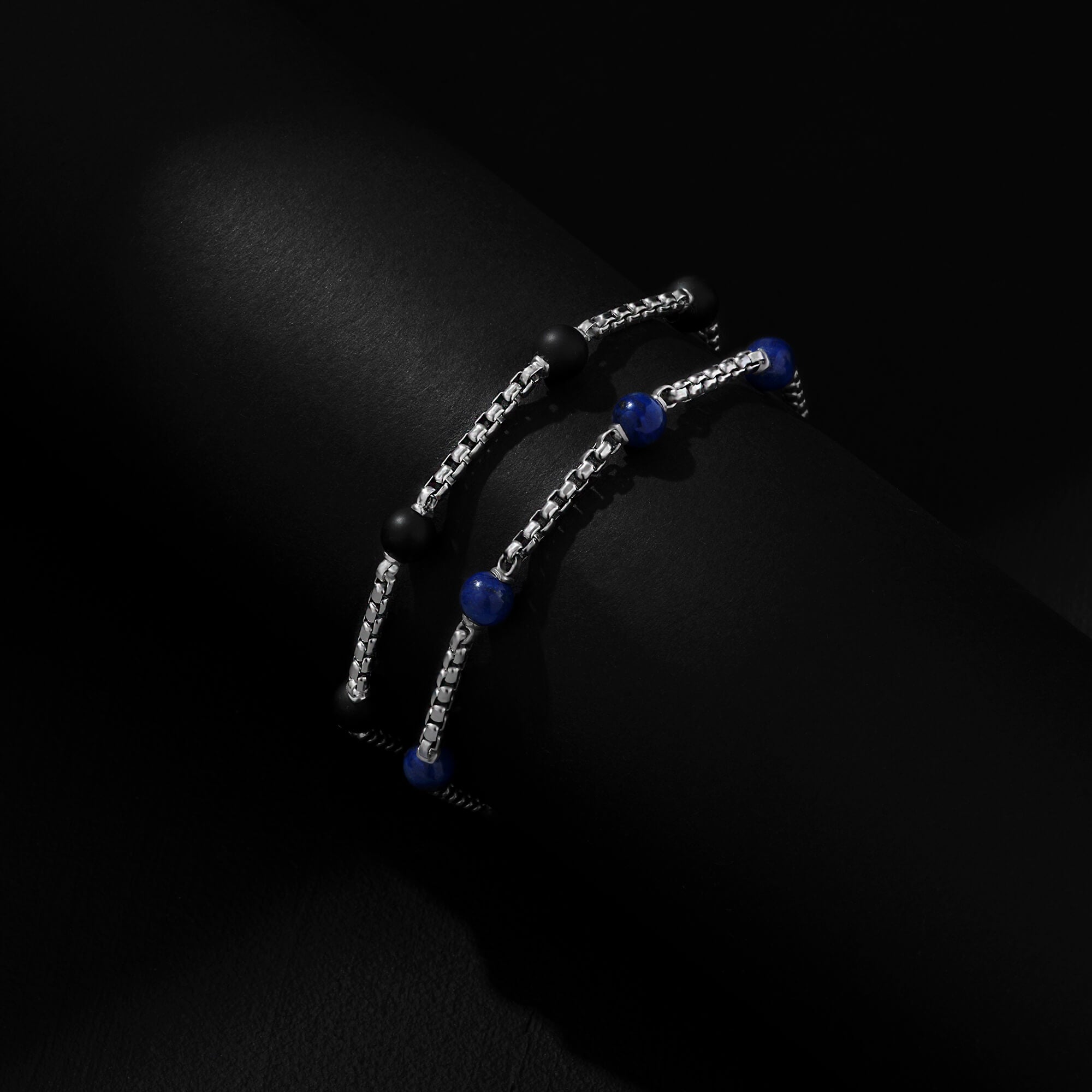 Men's 925 Sterling Silver Natural Gemstone Beaded Box Chain Bracelet