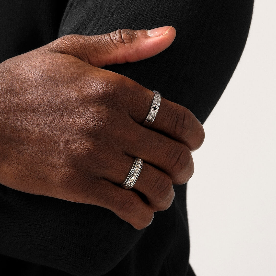 Men's 925 Sterling Silver Hammered Band Solitaire Wedding Ring