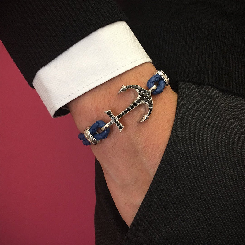 Anchor Leather Bracelet - Solid White Gold - Blue Nappa