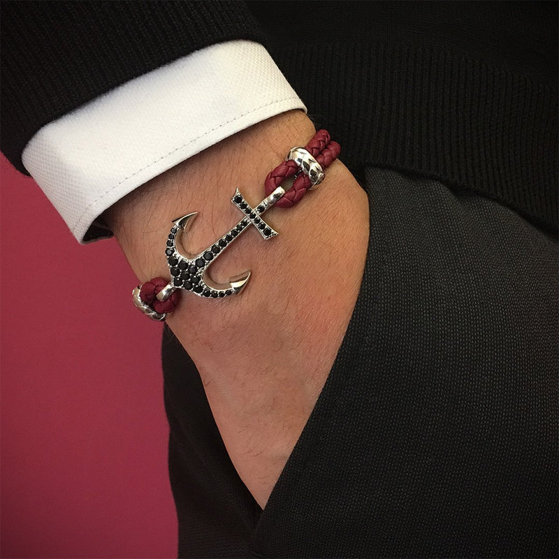 Anchor Leather Bracelet - Solid White Gold - Dark Red Nappa