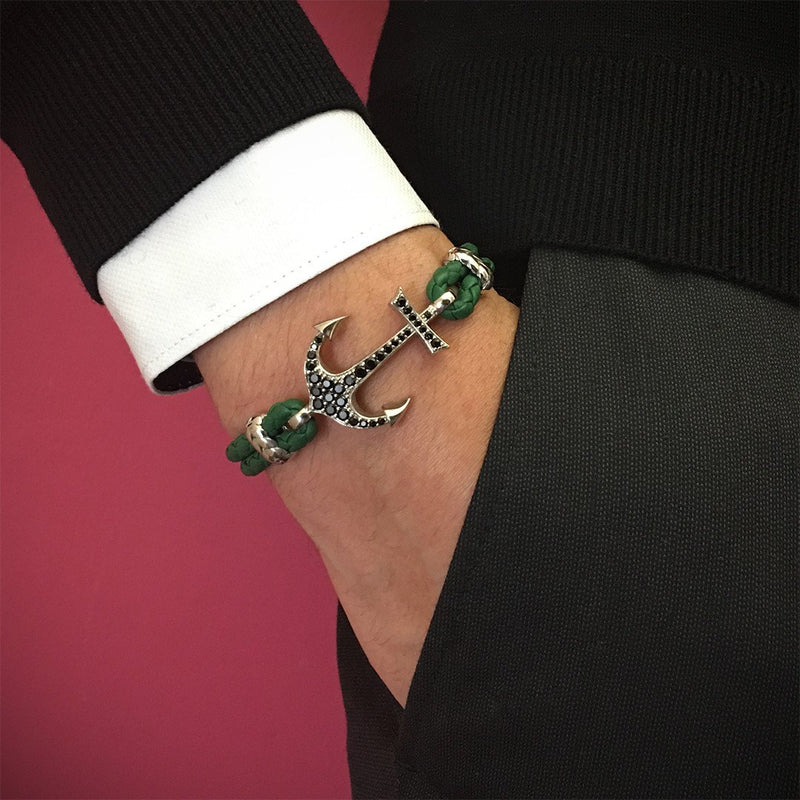 Anchor Leather Bracelet - Solid White Gold - Dark Green Nappa
