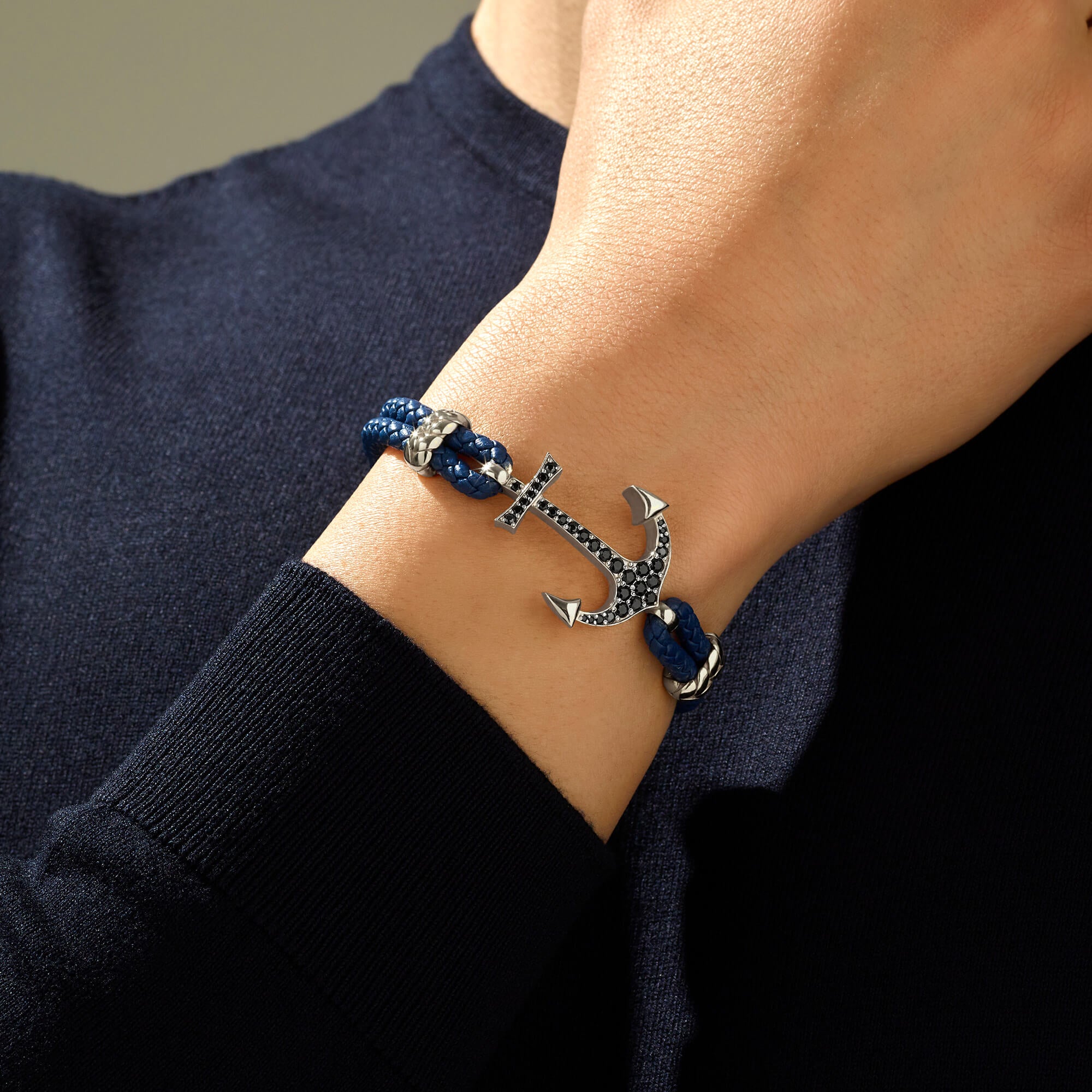 Men's Anchor Leather Bracelet in Silver