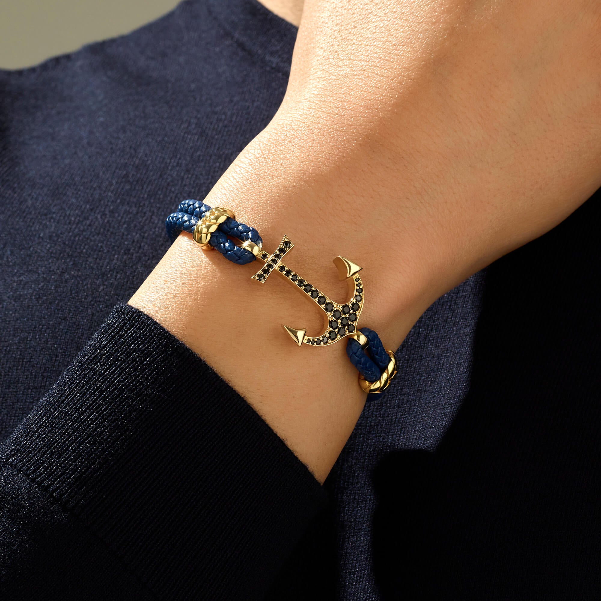 Anchor Leather Bracelet Solid Yellow Gold