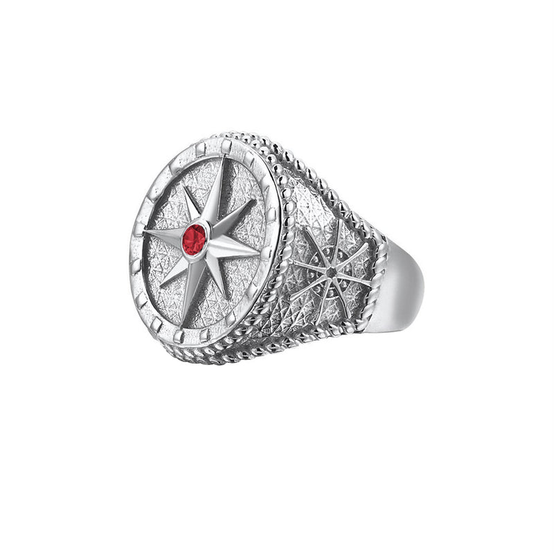 Compass Ring - Solid Silver - Silver - Ruby