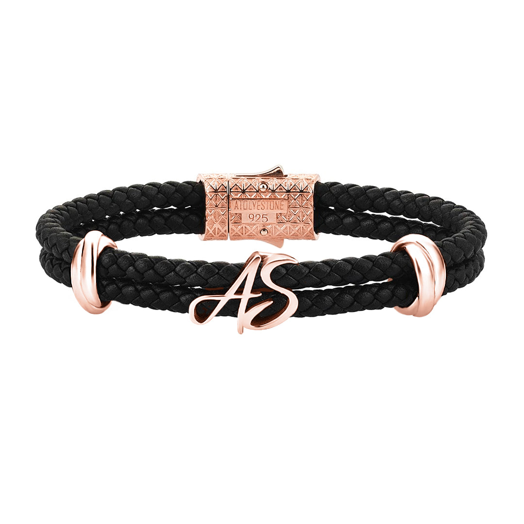 Atolyestone Elements Statement Italic Bracelet in Silver - Rose Gold and Black Leather