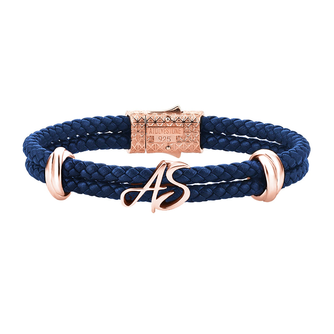 Atolyestone Elements Italic Statement Bracelet in Solid Silver - Blue Nappa Leather