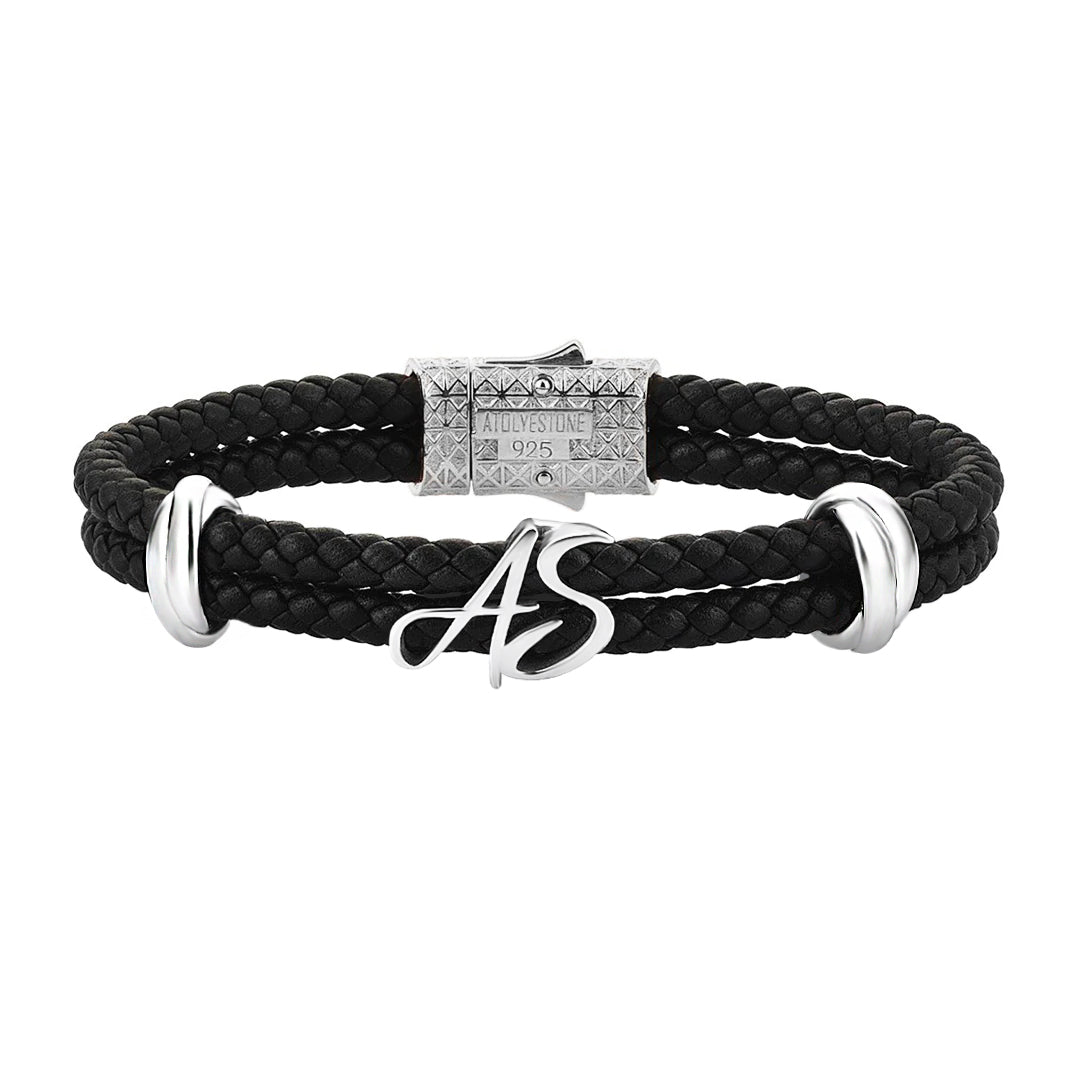 Atolyestone Elements Italic Statement Bracelet in Solid Silver - Black Nappa Leather