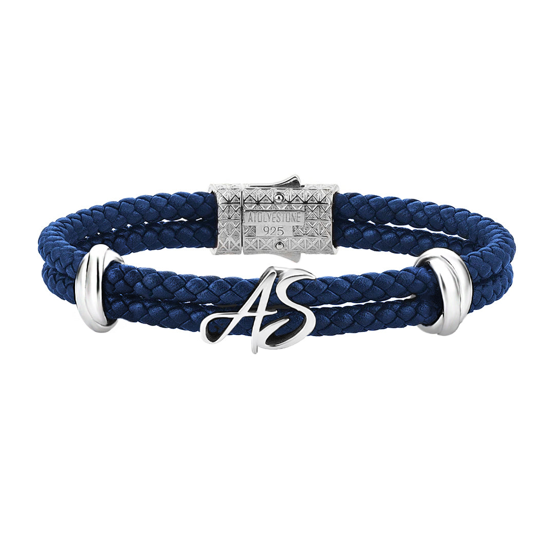 Atolyestone Elements Italic Statement Bracelet in Solid 925 Silver - Blue Nappa Leather