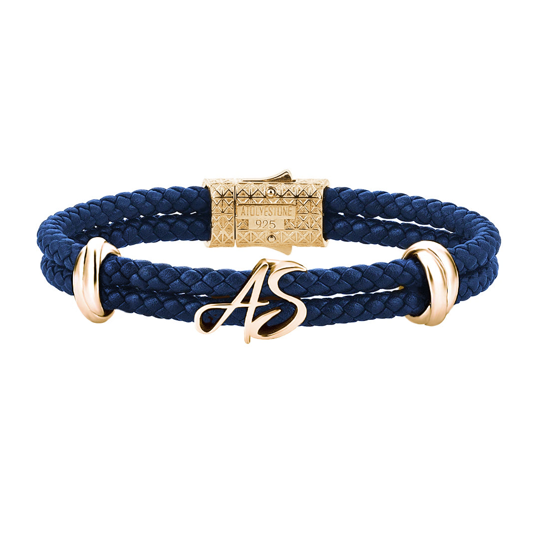 Atolyestone Elements Italic Statement Bracelet in Solid Silver - Yellow Gold - Blue Nappa Leather