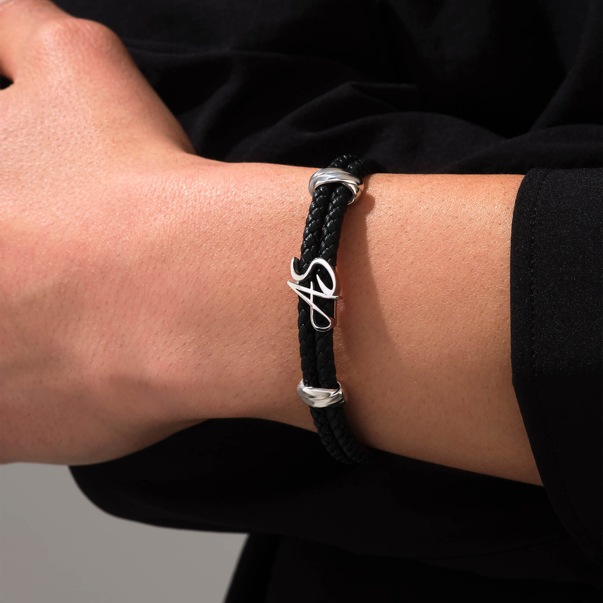 Elements Statament Bracelet 925 Sterling Silver - Black Nappa