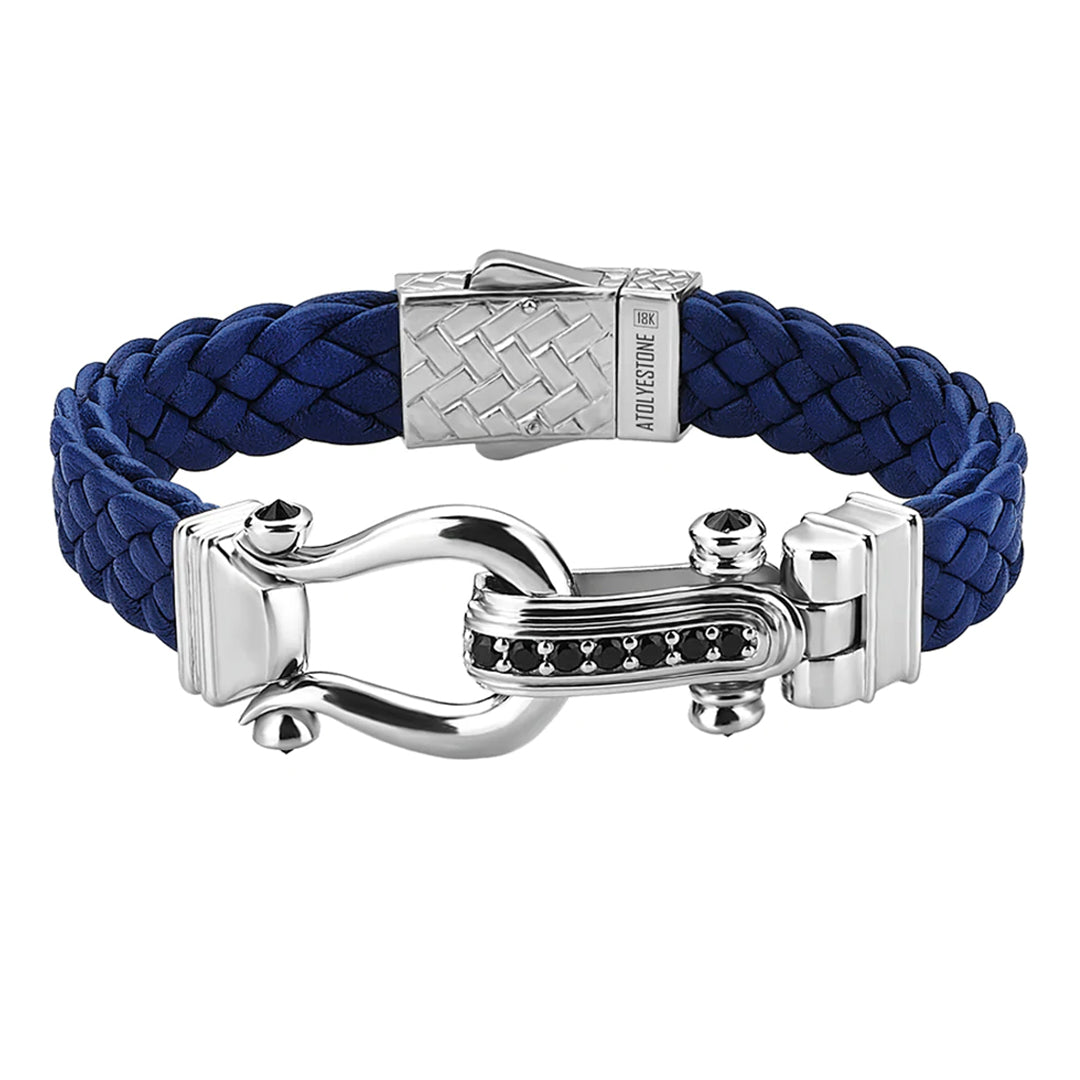 Atolyestone Iconic Design Men's Leather Bracelet in Solid White Gold - Blue Nappa Leather