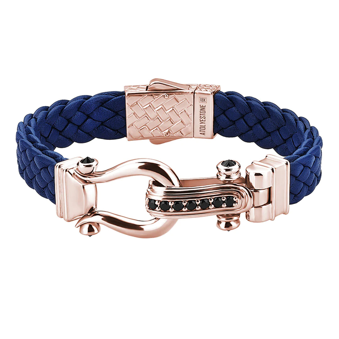 Atolyestone Iconic Design Men's Leather Bracelet in Solid Rose Gold - Blue Nappa Leather