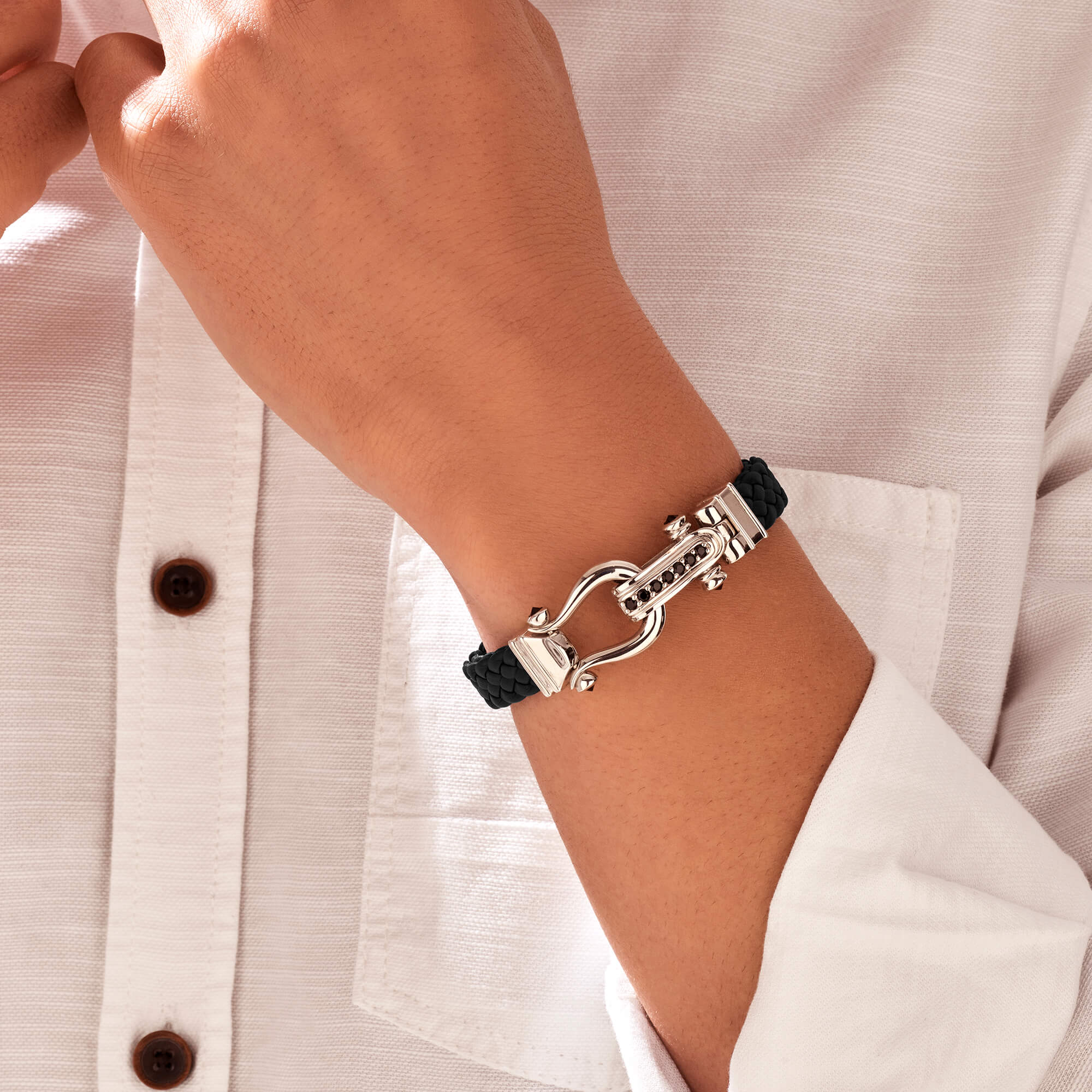 Atolyestone Iconic Design Leather Bracelet in Solid Gold - Black Nappa Leather