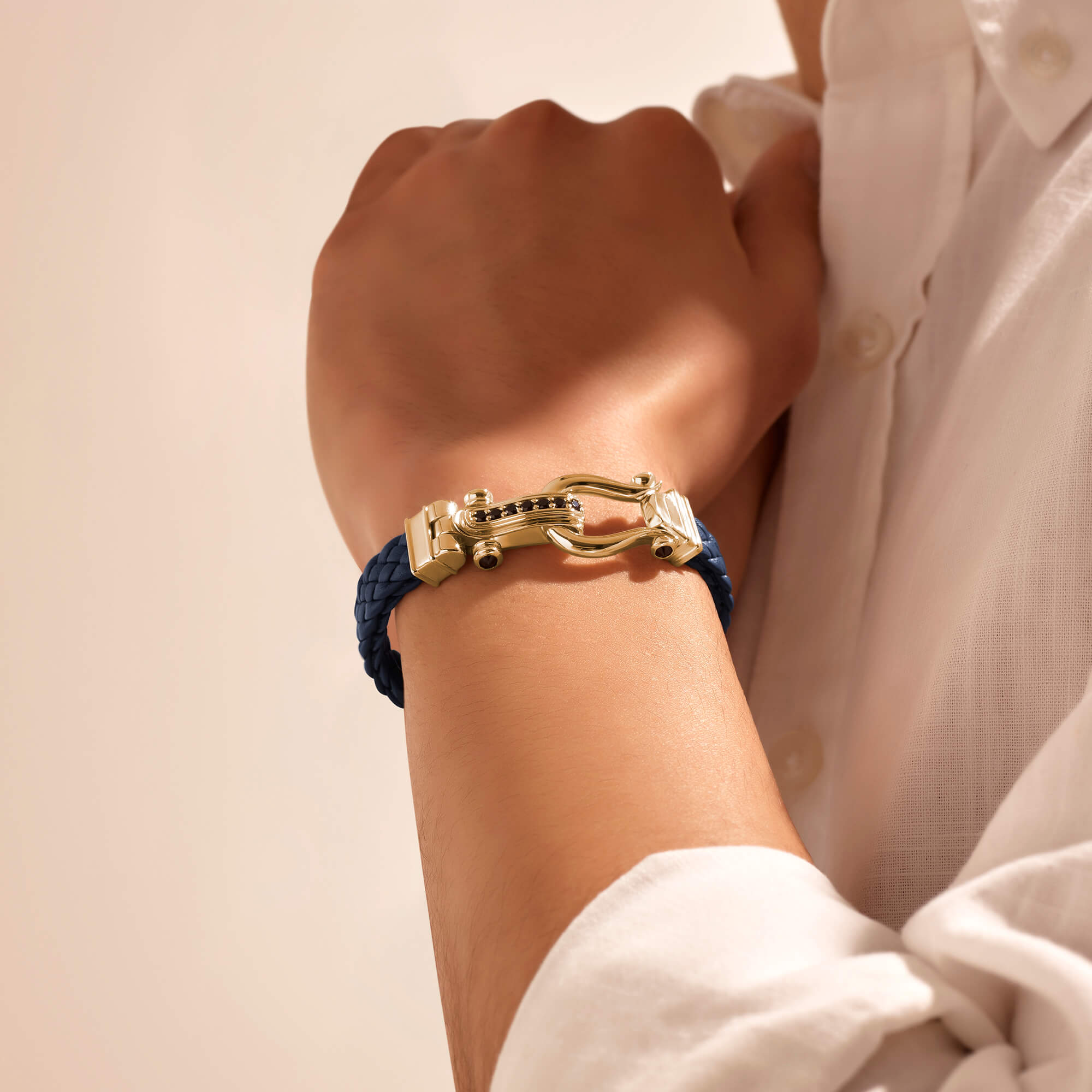 Atolyestone Iconic Men's Design Leather Bracelet in Silver - Blue Nappa Leather - Yellow Gold