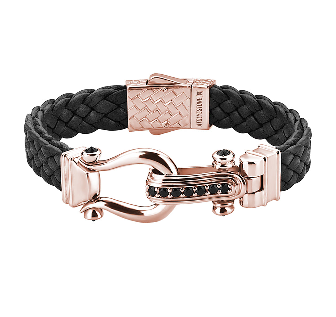 Atolyestone Iconic Design Men's Leather Bracelet in Real Rose Gold - Black Nappa Leather
