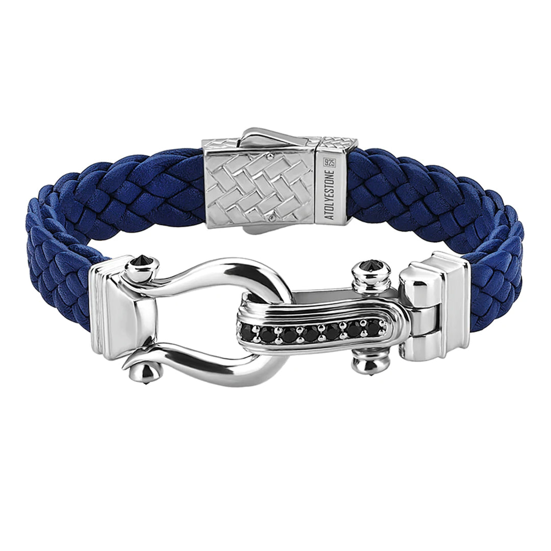 Atolyestone Iconic Leather Bracelet in Solid 925 Sterling Silver - Blue Nappa Leather