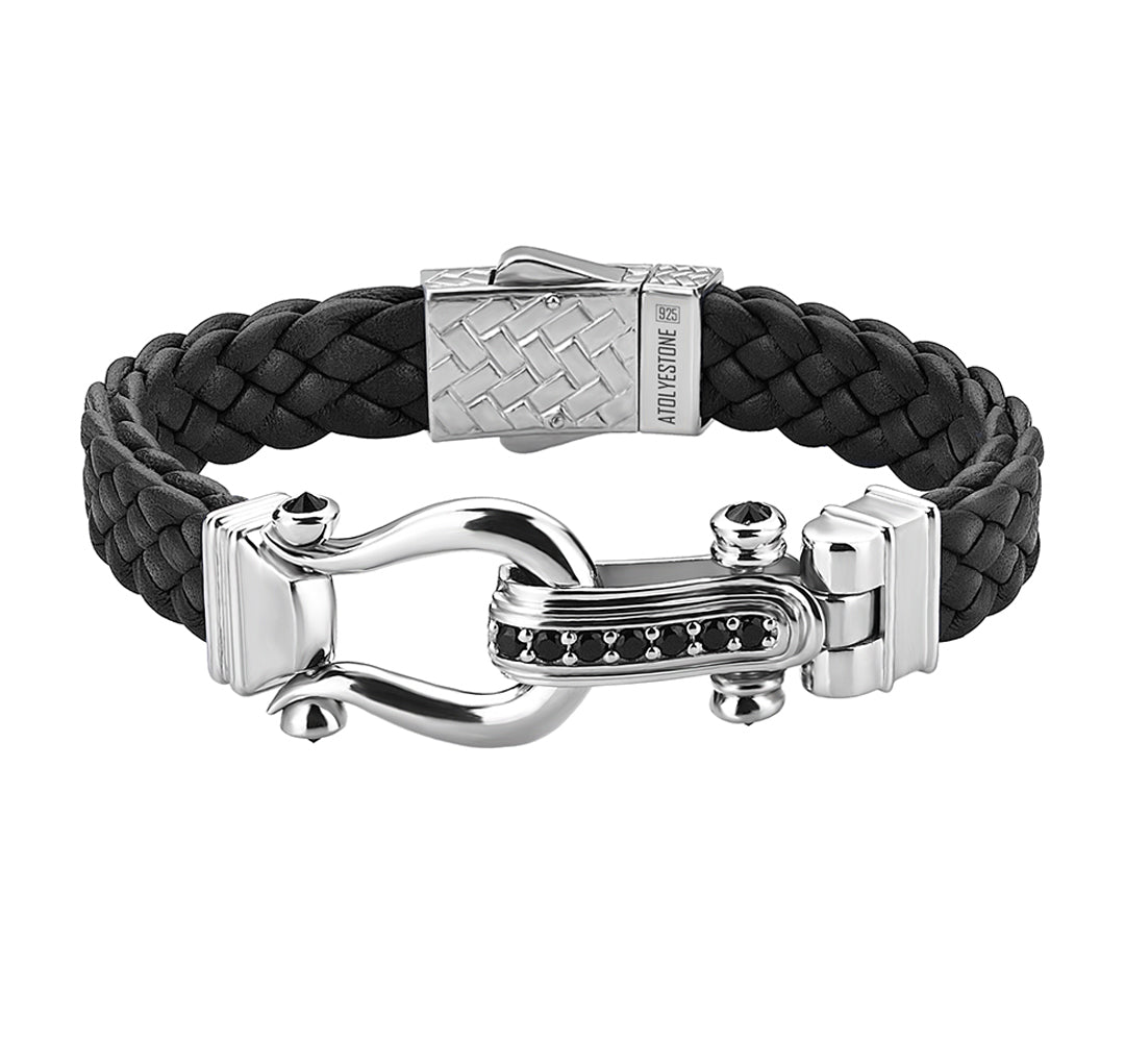 Atolyestone Iconic Leather Bracelet in Solid 925 Sterling Silver - Black Nappa Leather