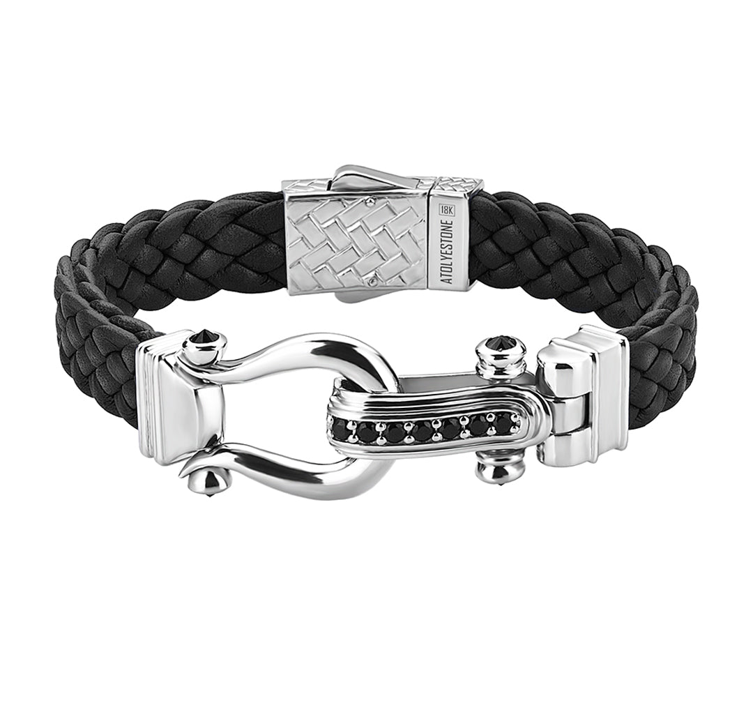 Atolyestone Iconic Design Leather Bracelet in Solid White Gold - Black Nappa Leather