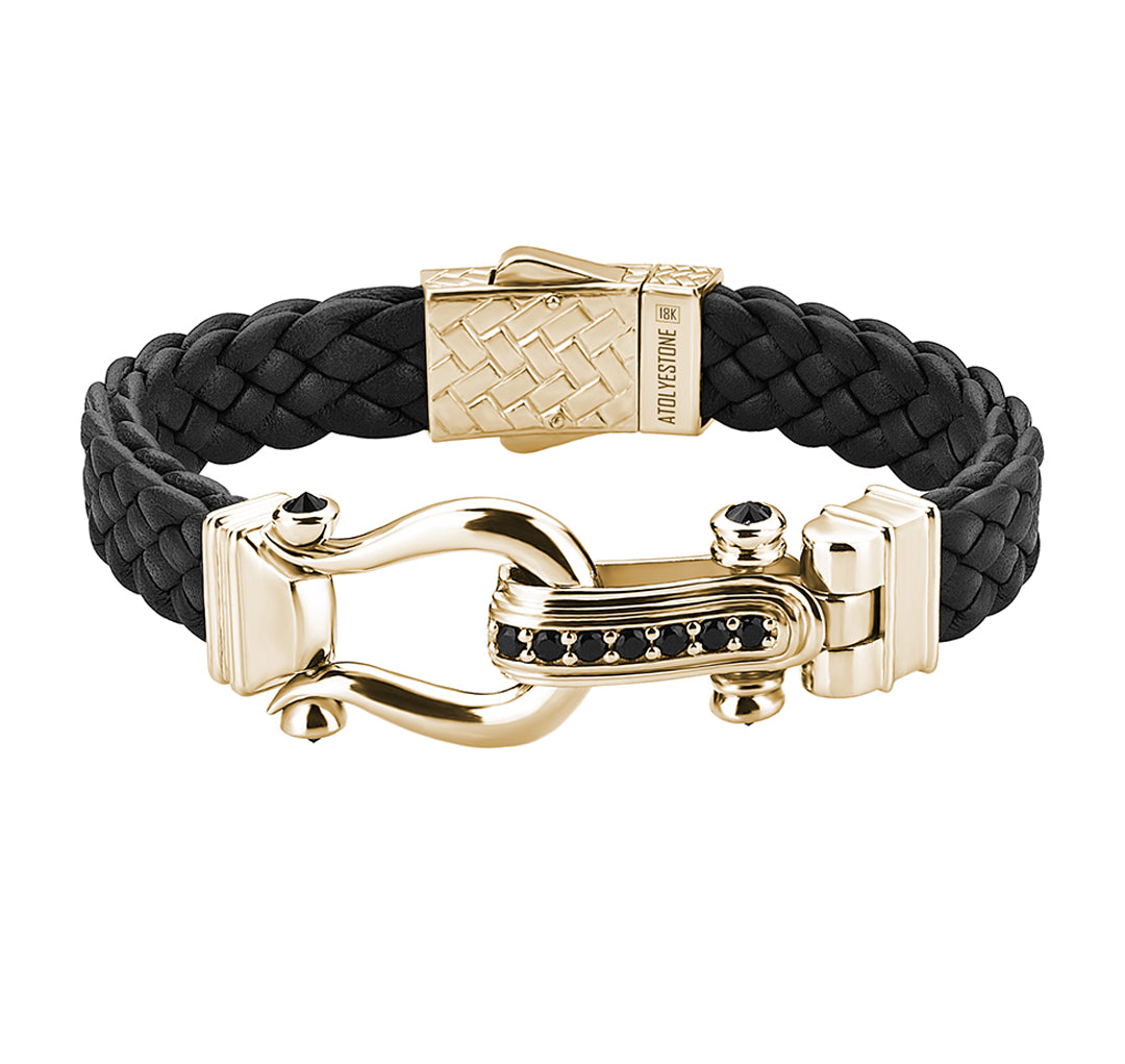 Atolyestone Iconic Design Men's Leather Bracelet in Yellow Gold - Black Nappa Leather