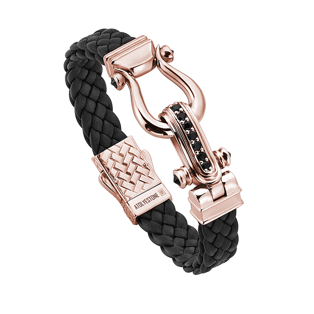 Atolyestone Men's Iconic Design Leather Bracelet in Solid Rose Gold - Black Nappa Leather