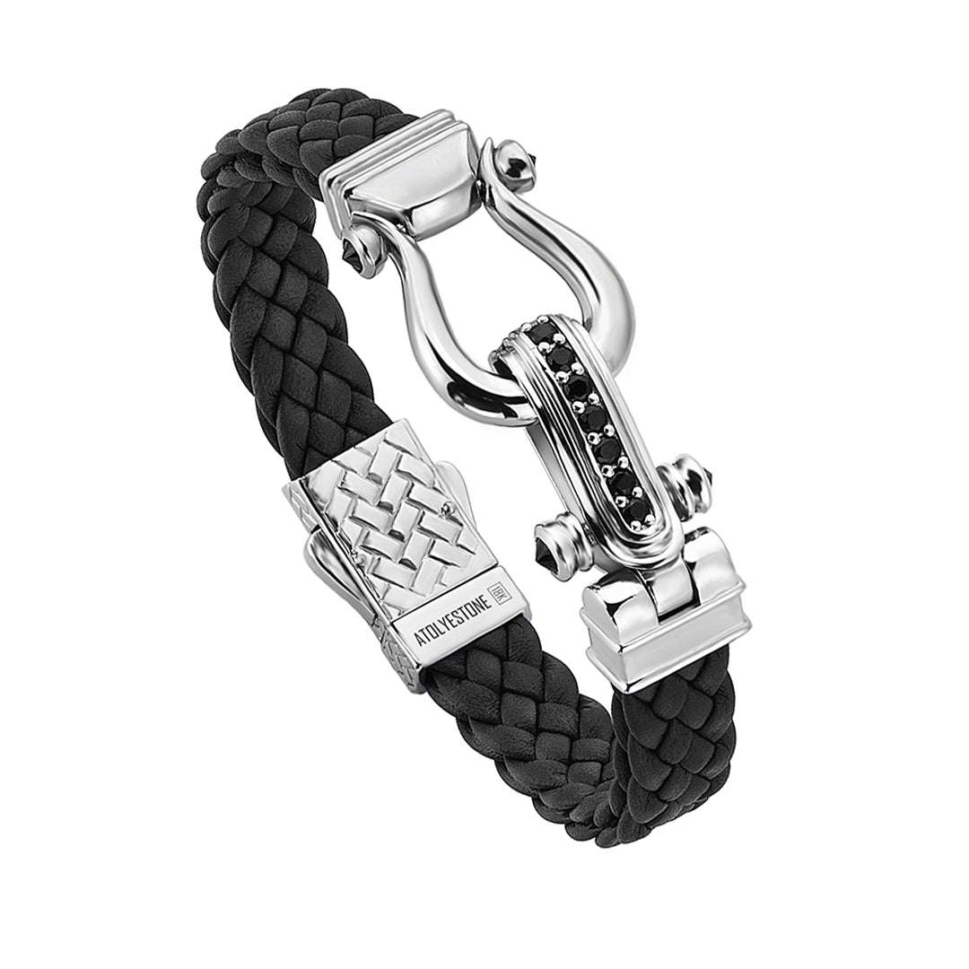 Atolyestone Iconic Design Leather Bracelet in Real White Gold - Black Nappa Leather