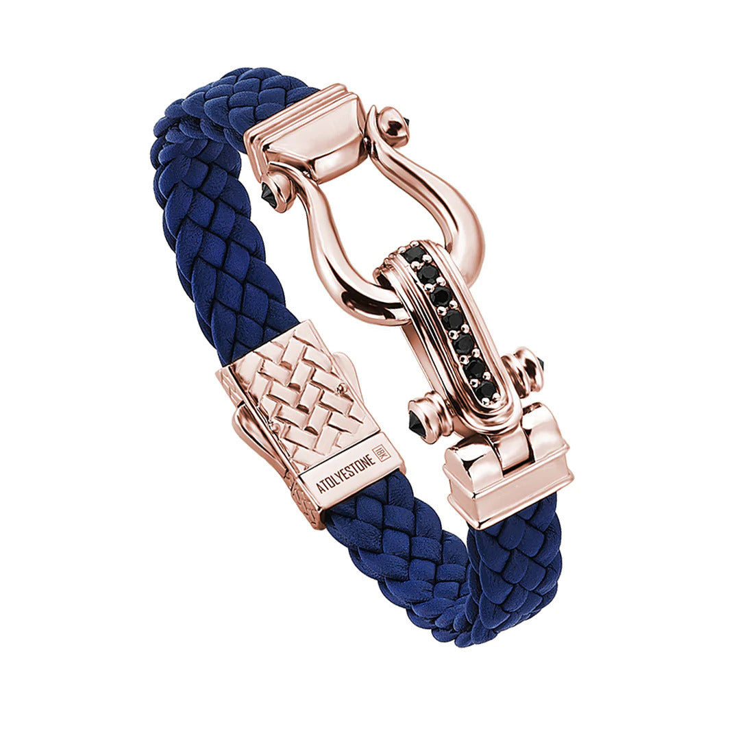 Atolyestone Iconic Design Leather Bracelet in Solid Rose Gold - Blue Nappa