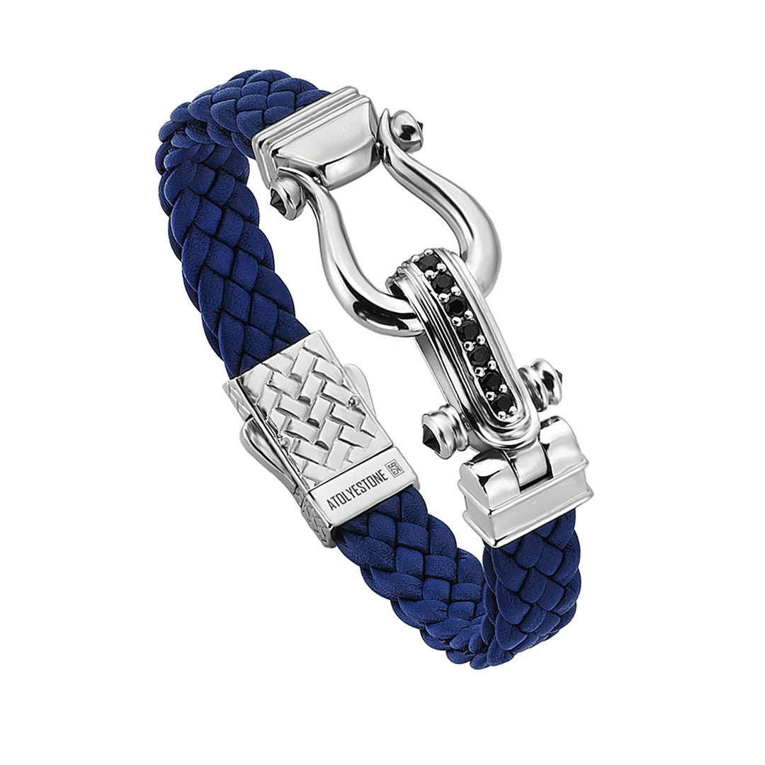 Atolyestone Iconic Leather Bracelet in Solid Silver Blue Nappa Leather