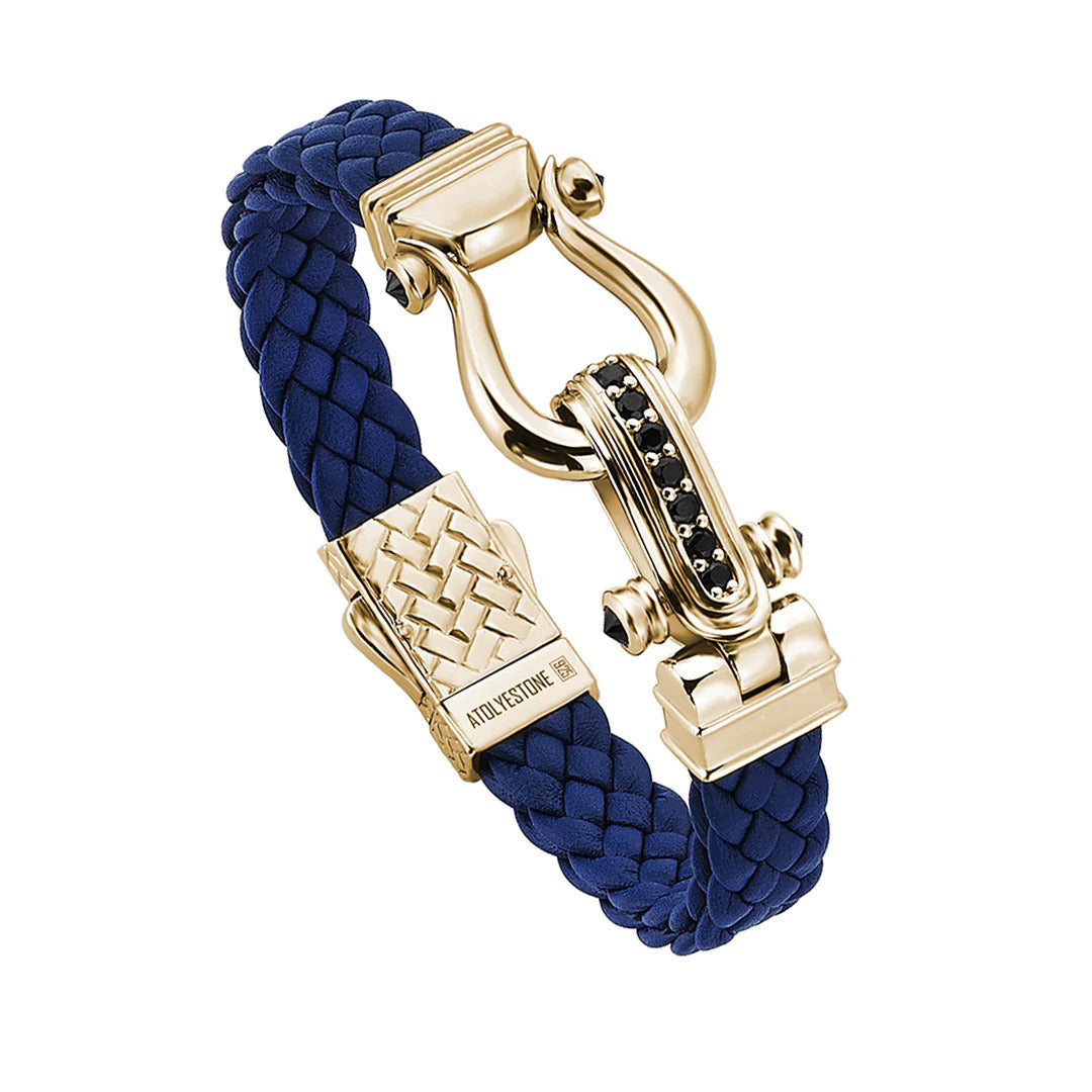 Atolyestone Iconic Leather Bracelet in Solid Silver Blue Nappa Leather Yellow Gold