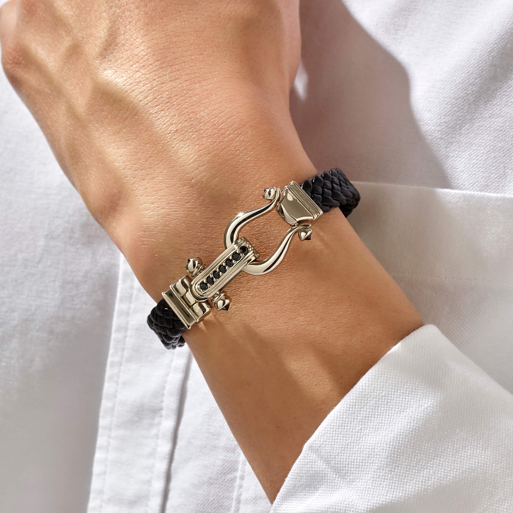 Atolyestone Iconic Men's Design Leather Bracelet in Silver - Black Nappa Leather