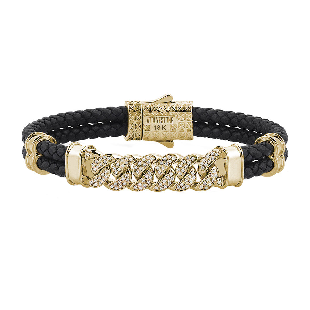 Mens Cuban Links Leather Bracelet - Black Leather - Solid Yellow Gold