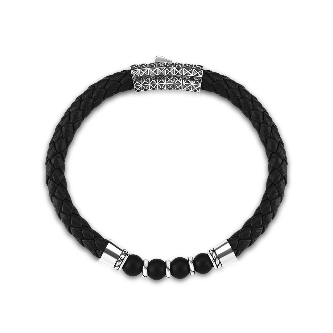 Black Leather Beaded Bracelet in Silver