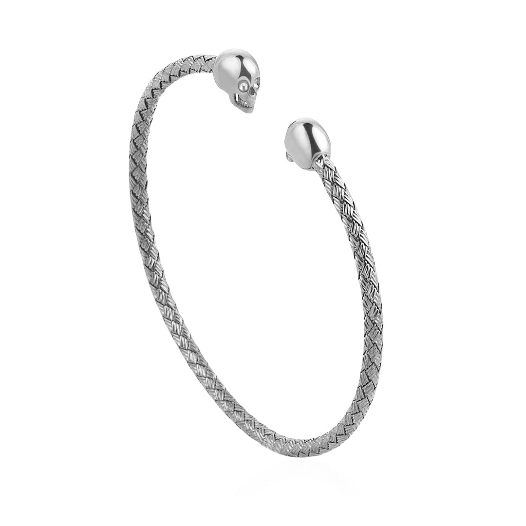Mens Braided Skull Cuff Bracelet - Silver