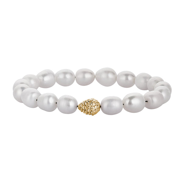 Men's Baroque Pearl Beaded Bracelet with Yellow Gold Plated Pine Cone Charm