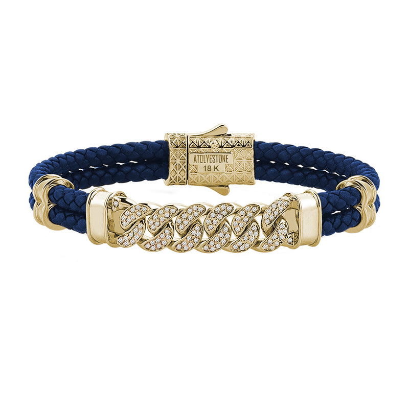 Mens Cuban Links Leather Bracelet - Blue Leather - Solid Yellow Gold