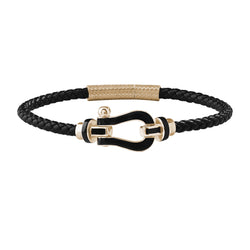 Men's Black Buckle Leather Bracelet in 925 Solid Silver, Yellow Gold - Atolyestone