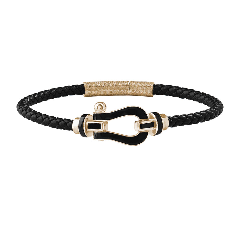 Real Yellow Gold Black Enamel Leather Bracelet for Men - Atolyestone