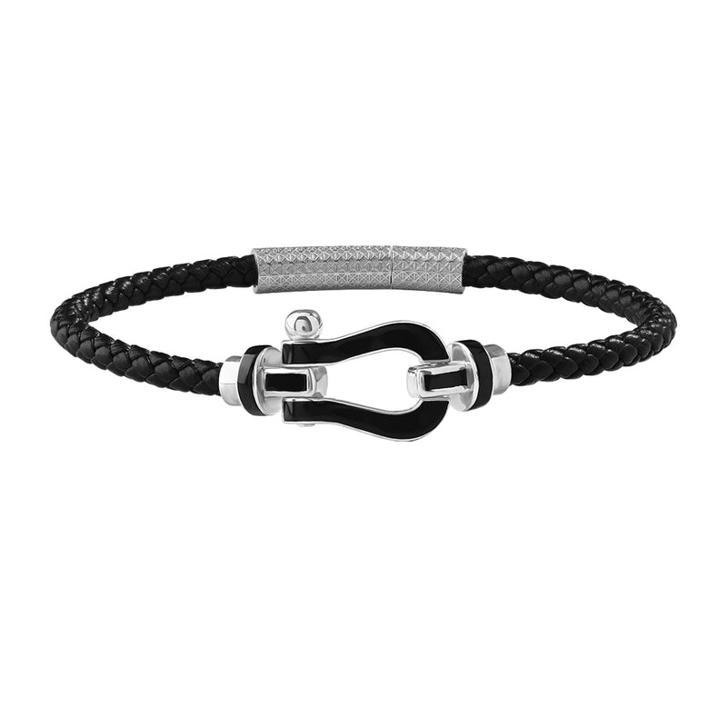 Men's Black Buckle Leather Bracelet in 925 Solid Silver - Atolyestone