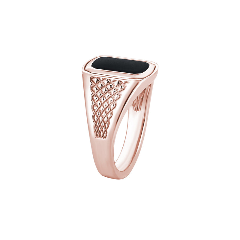 Men's Black Lacquer Finished Pinky Signet Ring with Pyramid Details in Real Rose Gold