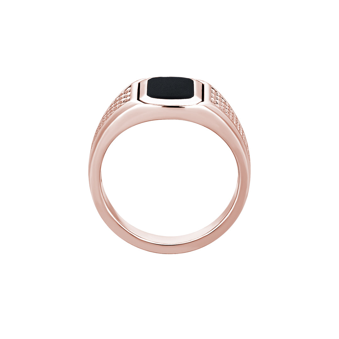 14k Solid Rose Gold Black Lacquer Finished Pyramid Design Signet Ring for Men
