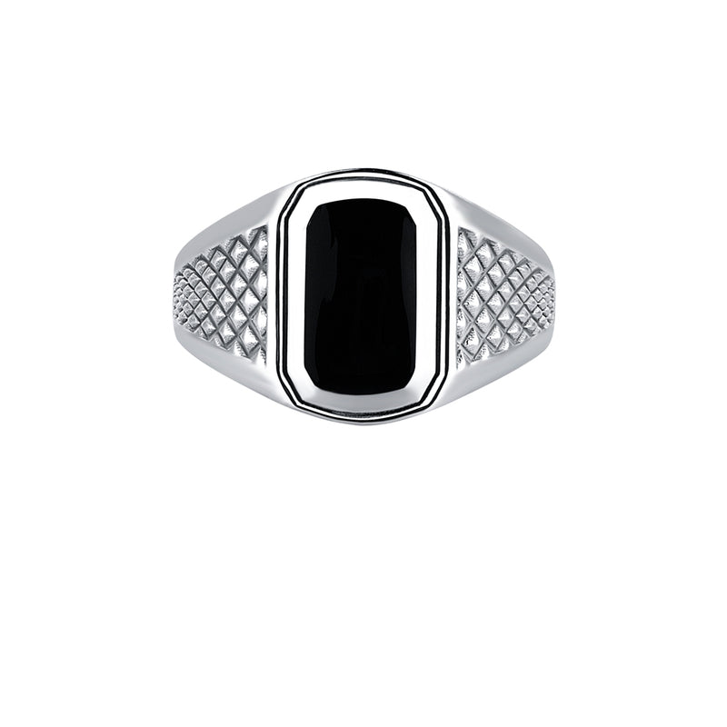 Men's Solid White Gold Black Lacquer Finished Signet Ring with Pyramid Design