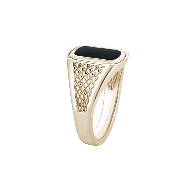 Men's Black Lacquer Finished Pinky Signet Ring with Pyramid Details in Real Yellow Gold
