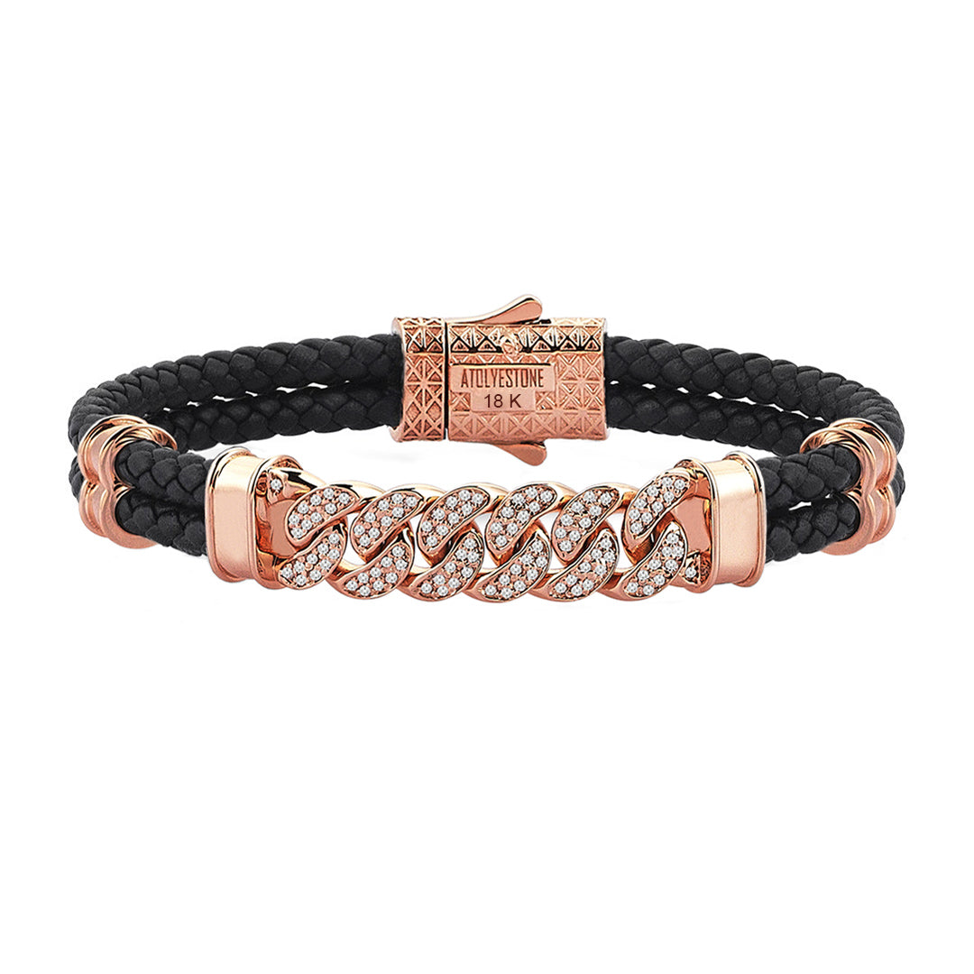 Mens Cuban Links Leather Bracelet - Black Leather - Solid Rose Gold